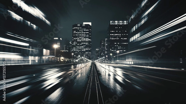 Obraz Nighttime cityscape through a car window, blurred lights and reflections, evoking a sense of urban solitude and quiet introspection.