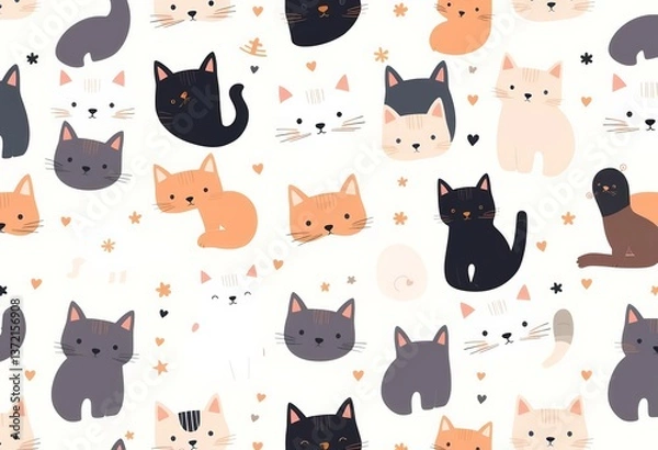Fototapeta Seamless cute cat pattern; Scandinavian style, childish texture, nursery decor, textile, apparel, fabric, vector illustration, animal, repeat