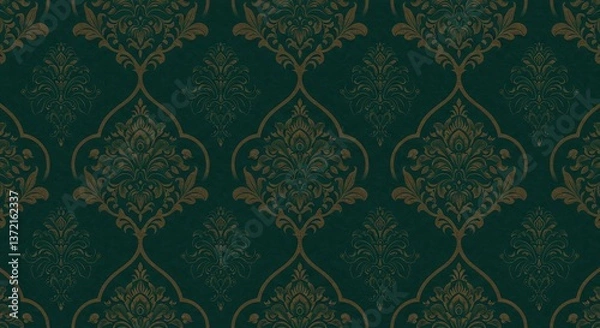 Fototapeta Elegant Emerald Damask: Intricate damask pattern in rich emerald and bronze tones, creates a luxurious ambiance with a vintage-inspired design.