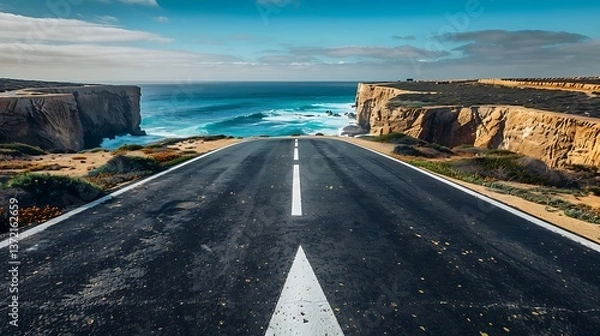 Fototapeta An asphalt road with a white arrow pointing forward, leading through a coastal landscape with cliffs and the ocean, symbolizing the journey of growth and continuous movement.