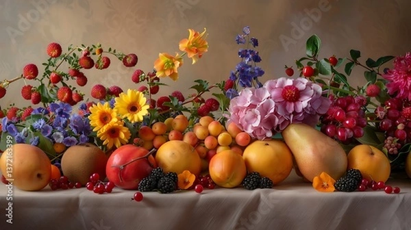 Fototapeta A still life composition of ripe fruits and colorful flowers arranged artfully on a table, celebrating the aesthetic beauty of everyday objects and natural elements.