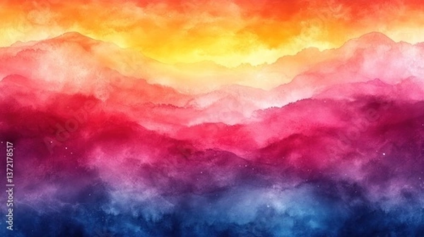 Fototapeta Colorful mountain range, vibrant sunset, misty sky, digital art