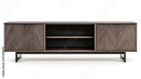 Fototapeta A premium entertainment center with built-in shelving, modern and elegant, isolated on a clean white background,