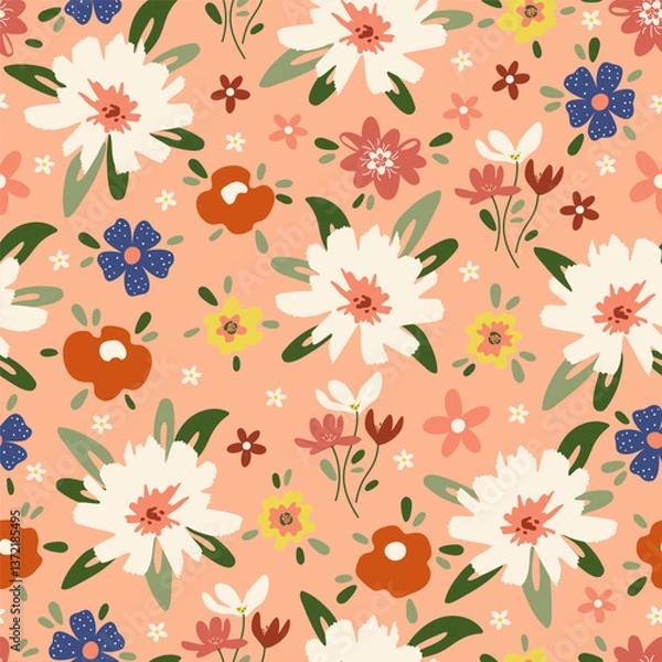Fototapeta Trendy Hand drawn Wild Meadow florals illustration Seamless Pattern Vector Design, Design for fashion , fabric, textile, wallpaper, cover, web , wrapping and all prints.
