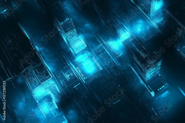 Obraz  Abstract digital circuitry design with glowing blue elements on a dark background
