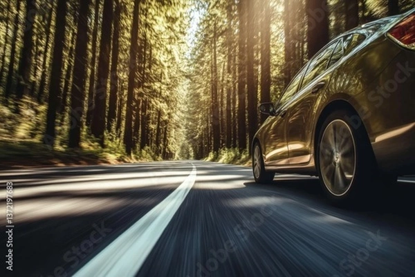 Fototapeta Silver Sedan Driving Through Autumn Forest with Sunlight Filtering Through Tall Trees in Dreamy Background