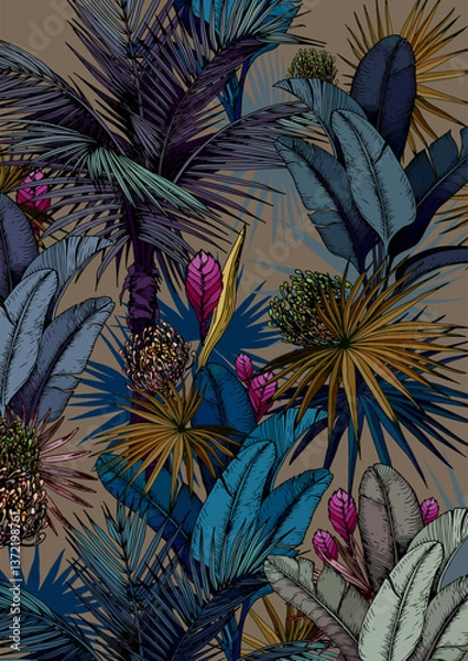 Fototapeta Art print with tropical green leaves and palm trees. Abstract colorful botanical background. Hand drawn vector illustration.