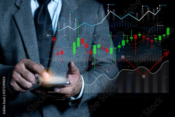 Fototapeta Candle indicator of stock market. Trading of stock market indicator. virtual screen of monitor Stock market dashboard. Analyze stock market finance volume of stock market.