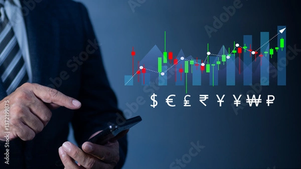 Fototapeta Business man hand using phone Trading of stock market indicator. virtual screen of monitor. Dollar, Yuan, Yen Euro, Rupee, Ruble, KRW. Global currency exchange and forex concept