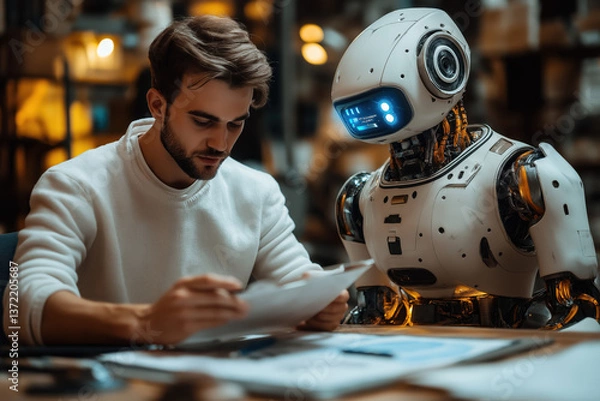 Fototapeta Homme concentré consultant des documents à côté d’un robot humanoïde dans un atelier moderne, collaboration humaine et robotique en environnement créatif