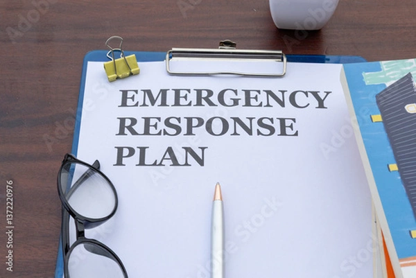 Fototapeta A response plan paper in a clipboard, emphasizing organized workplace emergency preparedness strategies.