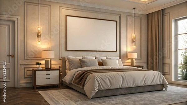 Fototapeta Elegant Bedroom Interior Design with Modern Lighting and Decor. mockup poster 