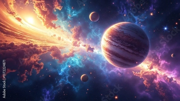 Fototapeta Vibrant Abstract Space Scene with Planets, Stars, and Colorful Cosmic Clouds in the Universe with Swirling Patterns and Mystical Beauty