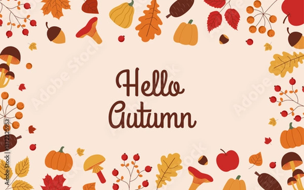 Fototapeta Autumn background with leaves, mushrooms, pine cones, berries, nuts and lettering. Autumn banner. Autumn concept.
