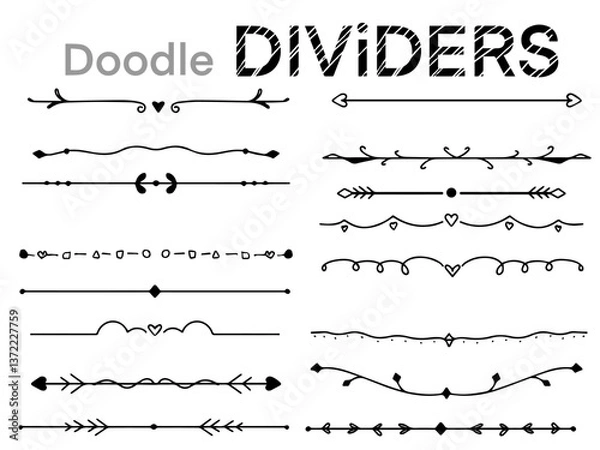 Fototapeta Doodle dividers collection design.Line Borders sketch hand drawn.