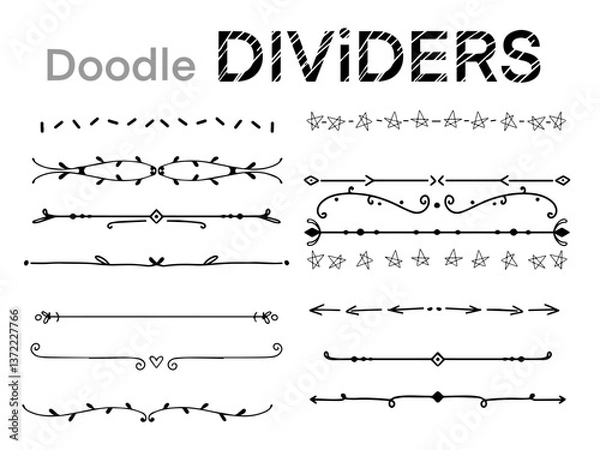 Fototapeta Doodle dividers collection design.Line Borders sketch hand drawn.