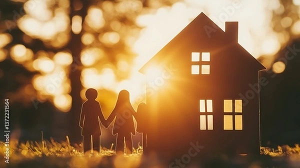 Obraz Conceptual image of a family cutout placed on green grass with a house model in the background, symbolizing a happy home.