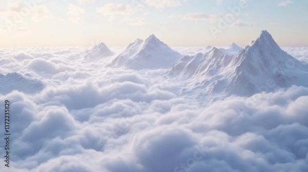 Fototapeta Snowy mountain summits floating above an ocean of white clouds, the clouds rolling gently like waves