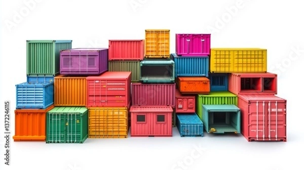 Fototapeta Various colorful cargo shipping containers stacked neatly on top of each other against a white background.
