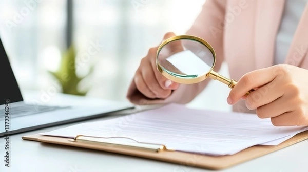 Fototapeta A person examines documents with a magnifying glass, highlighting attention to detail in a professional environment.