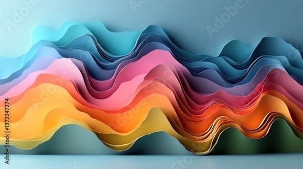 Fototapeta Colorful paper layered wavy graphic design on light blue background