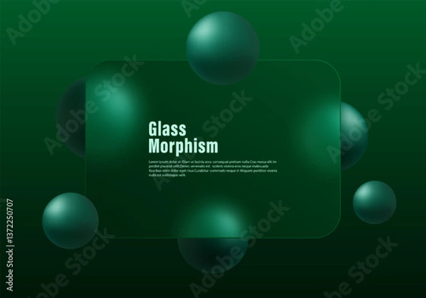 Fototapeta Dark background in glass morphism style. Frosted glass screen with overlay effect on floating 3D spheres.