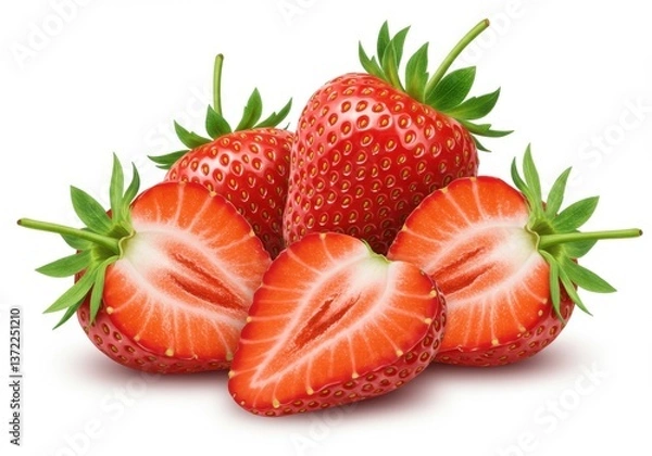 Fototapeta A group of fresh strawberries with some cut in half showing the inside on a white background