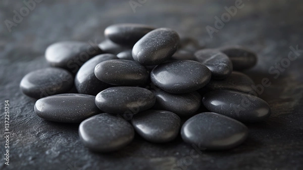 Fototapeta a pile of black stones close-up with reflection for background or design