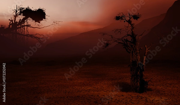 Fototapeta Surreal Dead Trees in Dystopian Desert Landscape at Sunset - 3D Illustration