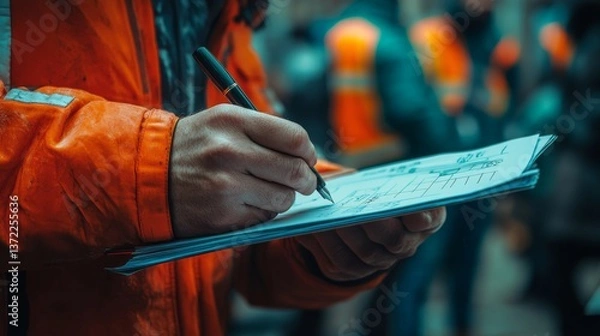Fototapeta Person in orange safety jacket taking notes on a checklist outdoors