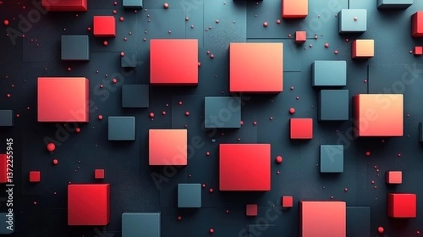 Fototapeta Colorful cubes on dark surface, scattered spheres, abstract background