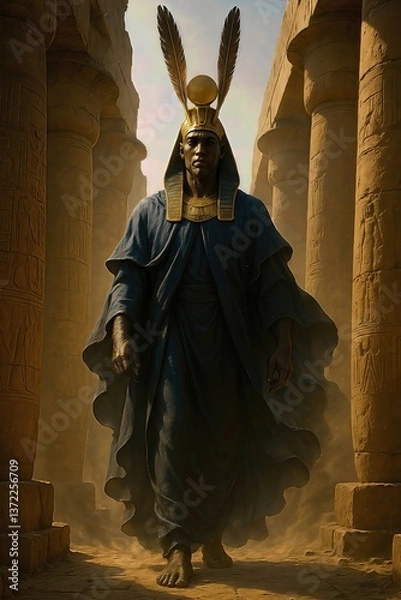 Fototapeta Amon stepping out of the ancient Karnak temple at sunrise. His tall feathered headdress and flowing robes pulse with celestial energy. Golden rays illuminate the monumental columns