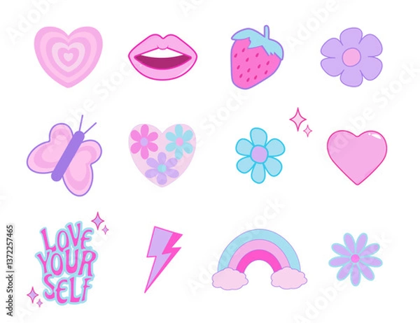 Fototapeta Y2k sticker set. Butterfly, heart, daisy, flower in the trendy psychedelic style 