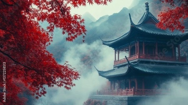 Fototapeta In autumn, red leaves cover the mountains, and a temple in China is filled with incense