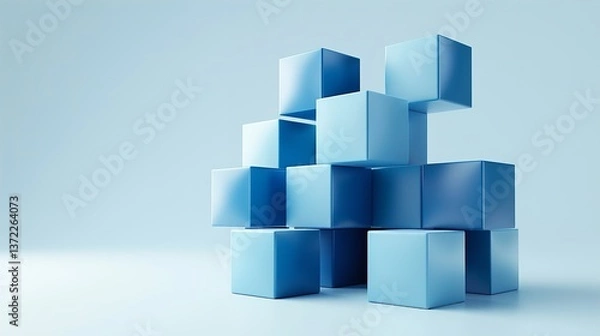 Fototapeta A stylized and surreal shot is formed by floating geometric cubes in blue hues a lovely motif emerges using blue hues over a white setting and space, Generative AI.
