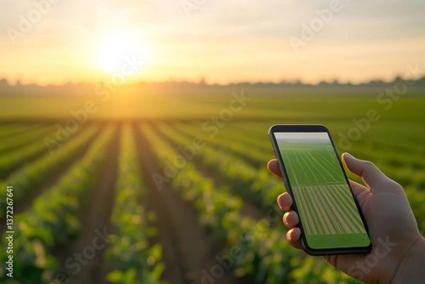 Obraz A farmer using a smartphone to monitor crop health in a sunny field during sunset.