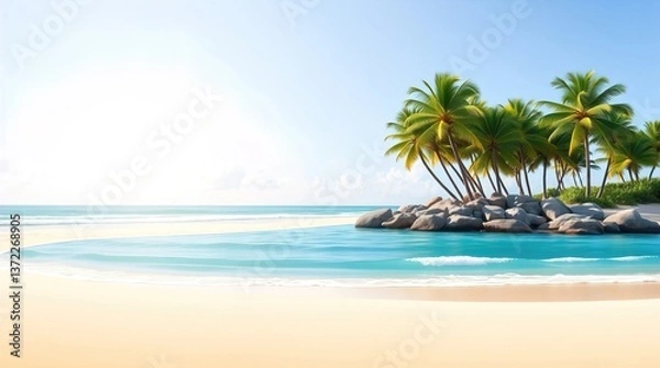 Fototapeta Paradise Beach: A serene tropical beach with crystal-clear turquoise water, golden sand, and lush green palm trees swaying gently in the breeze. The vibrant sky promises endless summer days.