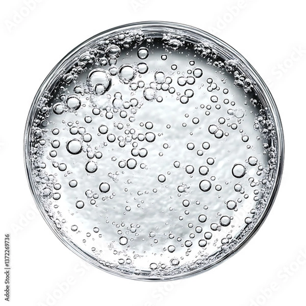 Fototapeta Round Glass Dish Filled With Effervescent Liquid and Bubbles On Transparent Background