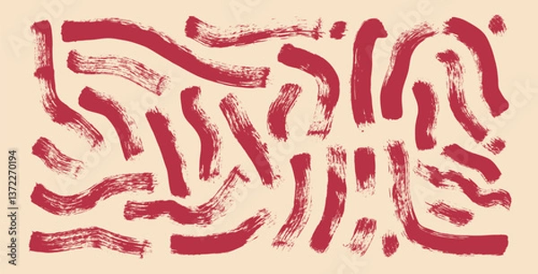 Fototapeta Acrylic paint wavy brush stroke lines. Hand drawn vector retro squiggles shapes. Paintbrush vintage linear scribble elements set isolated on beige background. Thick grunge curved strips..