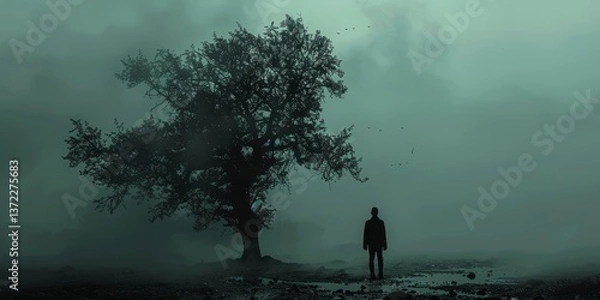 Fototapeta A solitary figure, consumed by sadness, navigates through darkness