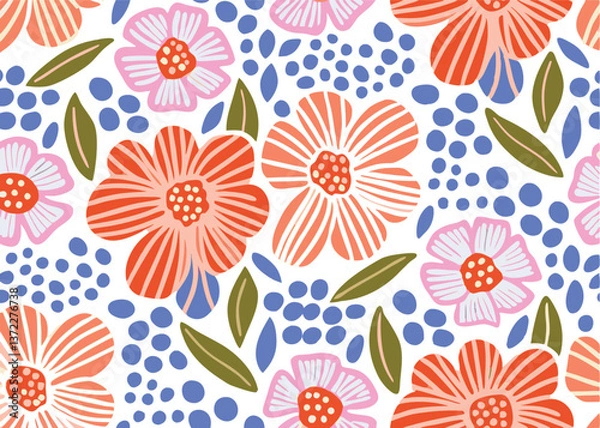 Fototapeta Seamless Abstract flower art  pattern, doodle, fabric, fashion textile , hand-drawn feathers in earthy tones for bohemian skirts, shawls, and maxi dresses.