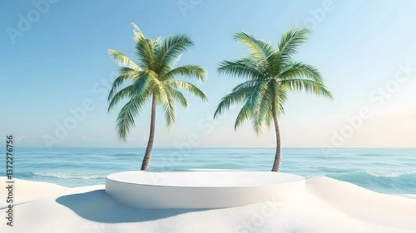 Fototapeta A podium set on a sandy beach with palm trees swaying in the breeze