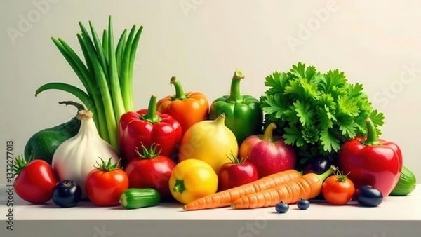 Obraz A vibrant still life showcasing a bountiful harvest of fresh, colorful vegetables and fruits arranged artfully on a pristine white surface