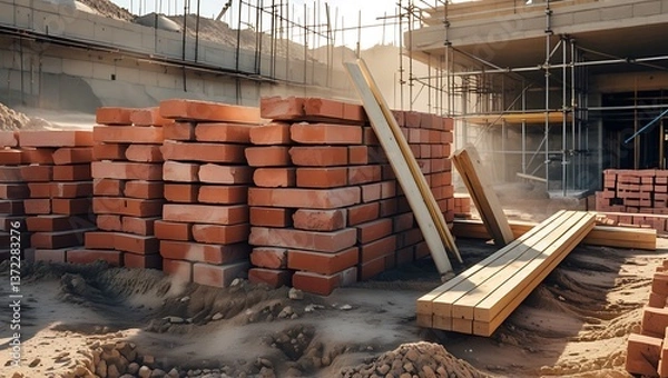 Fototapeta Stacks of Bricks and Wood Planks at Construction Site, Building Materials, Mid-Build, Industrial Work


