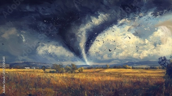 Fototapeta Dramatic tornado over rural landscape; storm clouds; countryside scene; possible use for weather report or disaster awareness