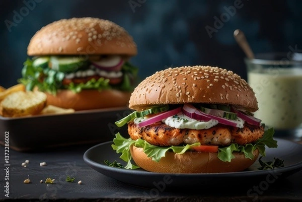 Obraz A fresh colorful salmon burger matte.