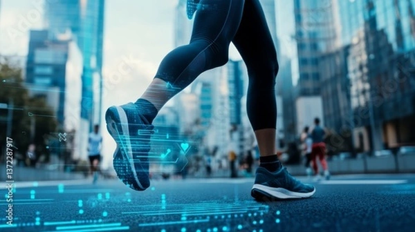 Fototapeta A high tech AI powered wearable health tracker, monitoring heart rate during a marathon, futuristic sports setting