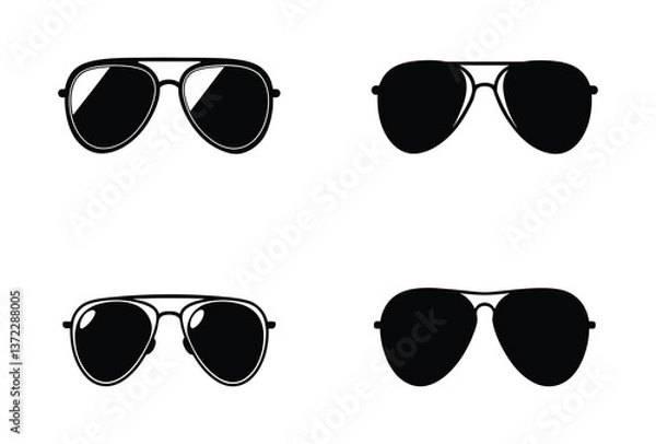 Obraz A set of four classic aviator sunglasses vector silhouette designs. Simple collection. Isolated bundle on white background.
