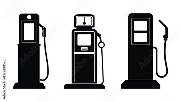 Obraz A set of three old gas station pump vector silhouette designs. Simple collection. Isolated bundle on white background.