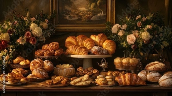 Fototapeta Elegant display of assorted pastries on antique table with floral arrangements